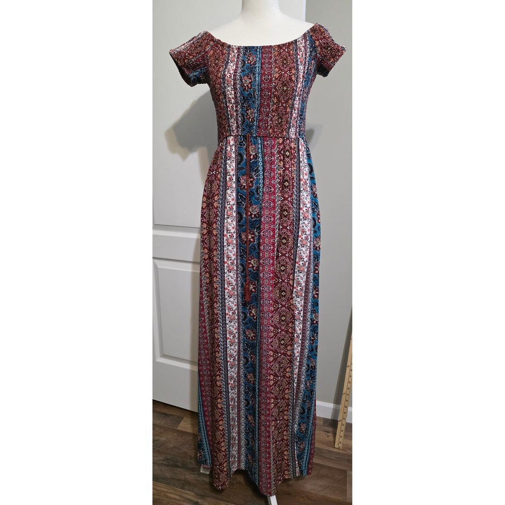 Band of Gypsies Maxi Dress Women M Multicolor Boho Off-Shoulder Smocked Pockets